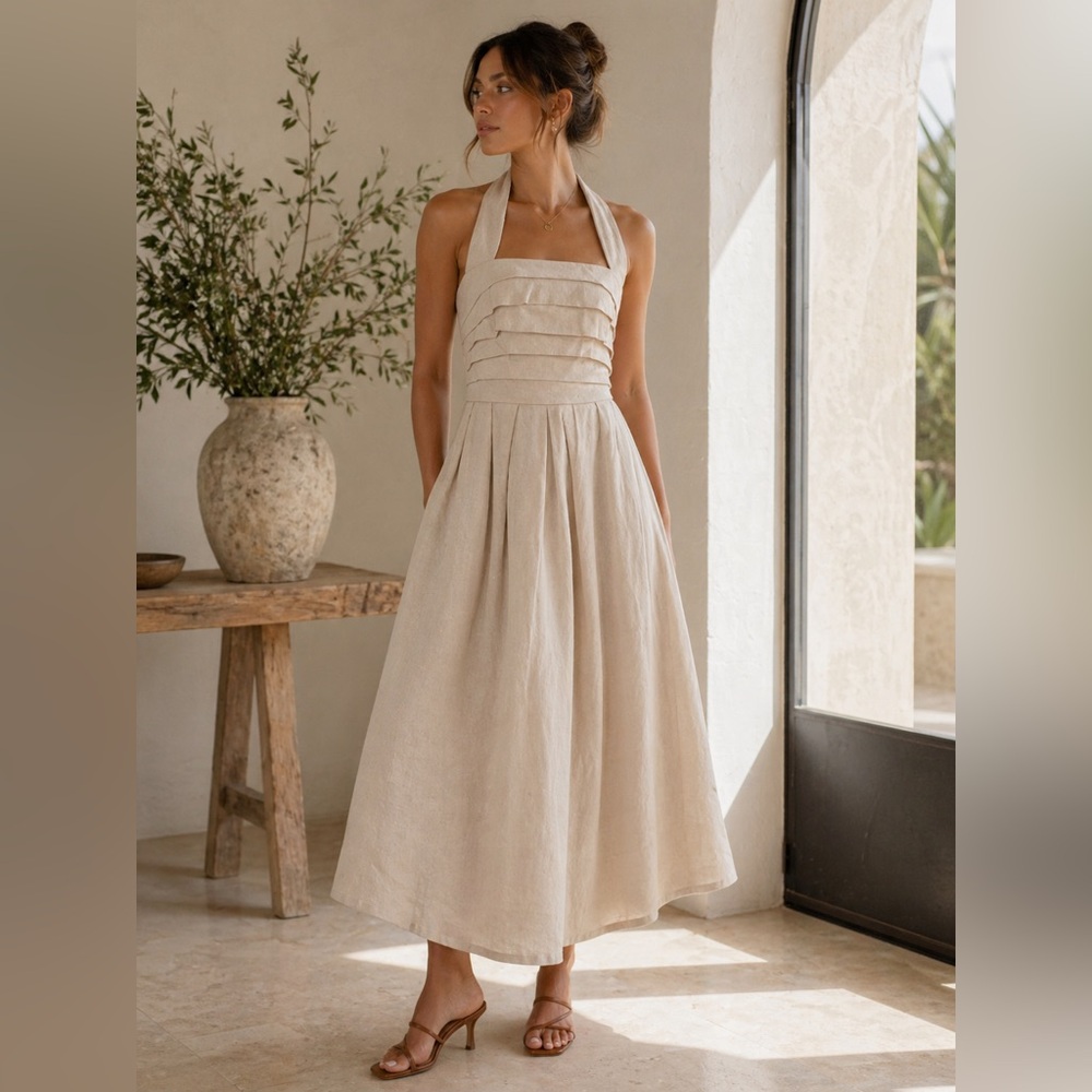 Donna Karan Linen Halter Midi Dress 6